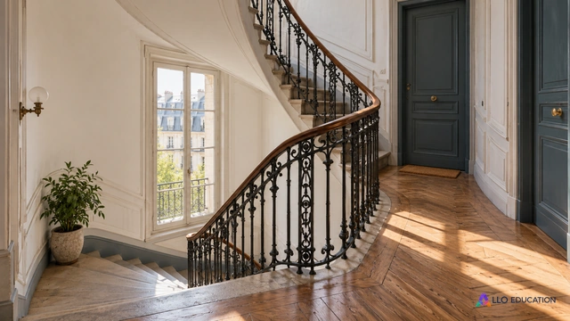 Escalier et portes d’un immeuble ancien, évoquant les espaces sociaux du roman.
