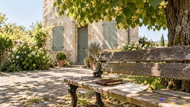 Banc sous un tilleul et maison close : des objets ordinaires évoquent la mémoire et l’absence.
