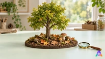 Arbre feuillu, feuilles tombées, sol et champignons, sous une lumière douce.