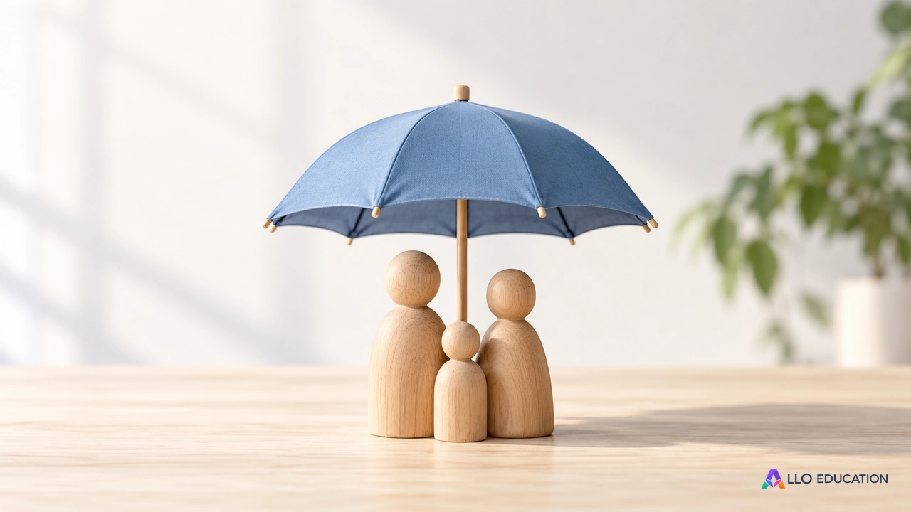 Deux figurines adultes et une figurine enfant sont abritées par un parapluie, pour évoquer la protection collective des ménages.
