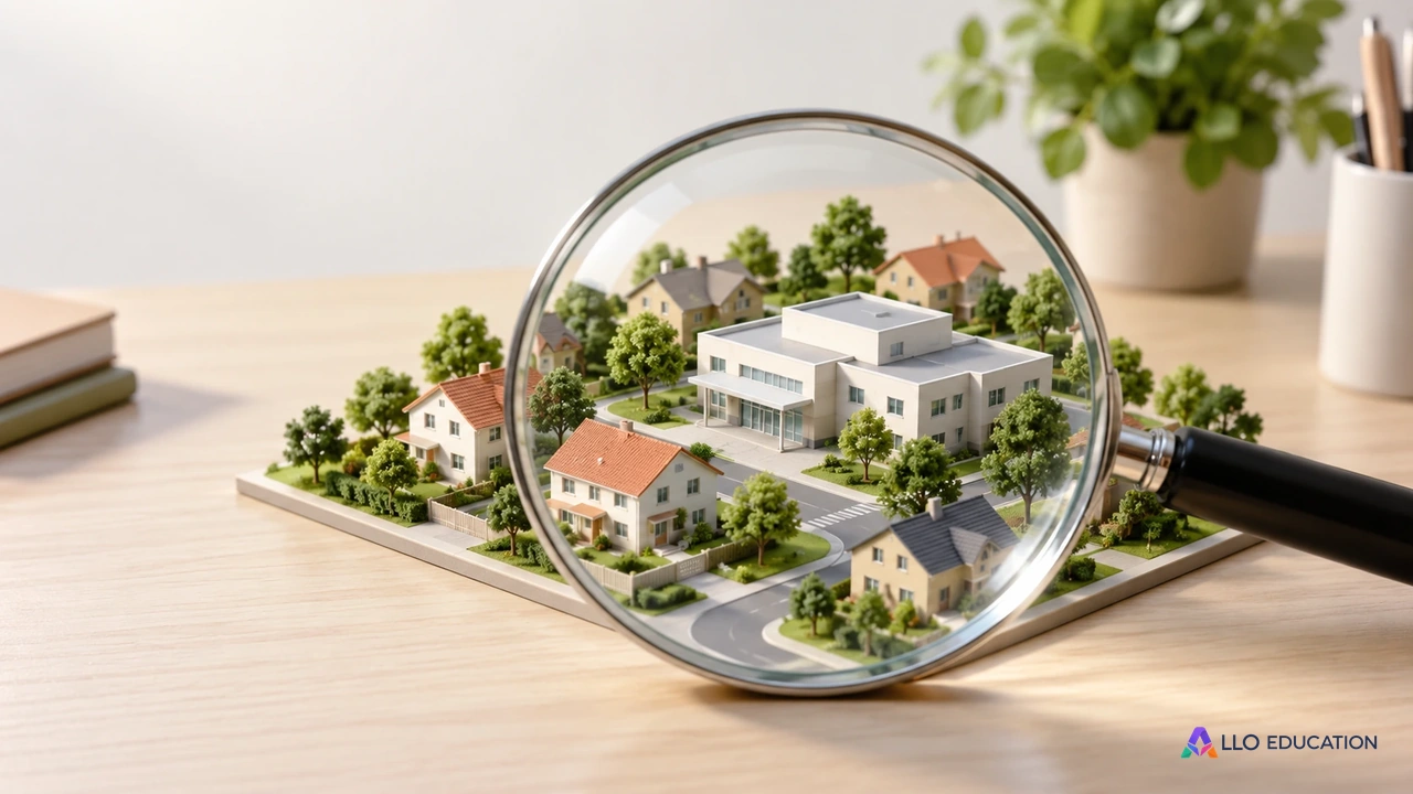 Une loupe au-dessus d’une quartier miniature annonce une analyse de population.