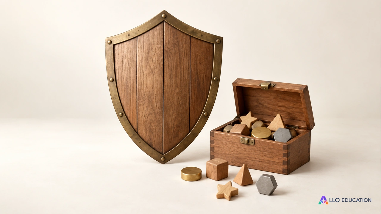 Un bouclier neutre en bois et une petite boîte ouverte contenant des pièces de formes différentes sur un fond clair.