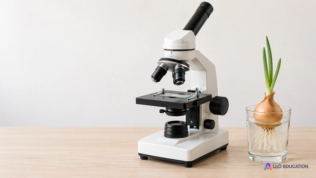 Un microscope et des racines d’oignon invitent à observer des cellules en division.