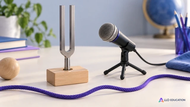 Un diapason, un microphone et une corde sur une table claire.