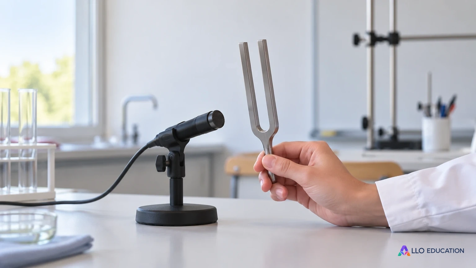 Un diapason et un microphone évoquent la production et la détection d’un son.
