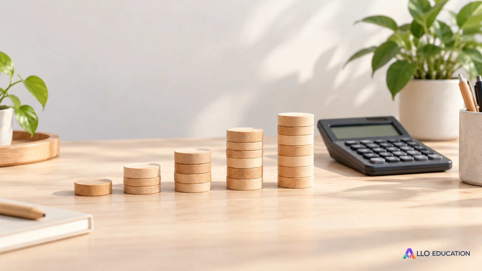 Jetons de bois et calculatrice éteinte sur une table claire.